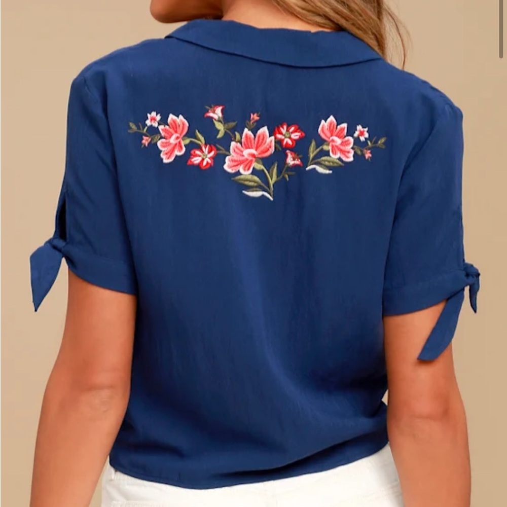 Lush Royal Blue Floral Embroidered Button Down Shirt